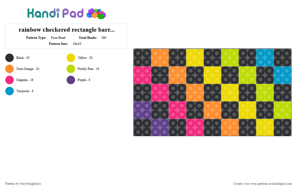 rainbow checkered rectangle barrette - Fuse Bead Pattern by berrybingledoo on Kandi Pad - black, colorful, orange, pink, yellow