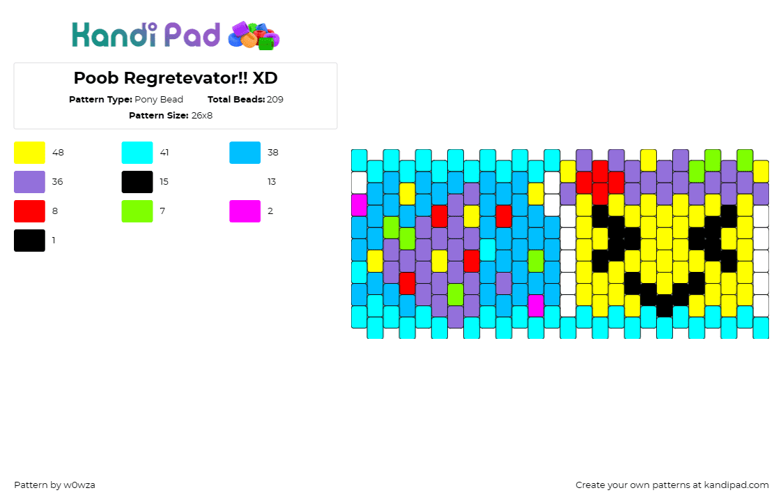 Poob Regretevator!! XD - Pony Bead Pattern by w0wza on Kandi Pad - poob,party nube,regretevator,roblox,video game,cuff,character,light blue,yellow