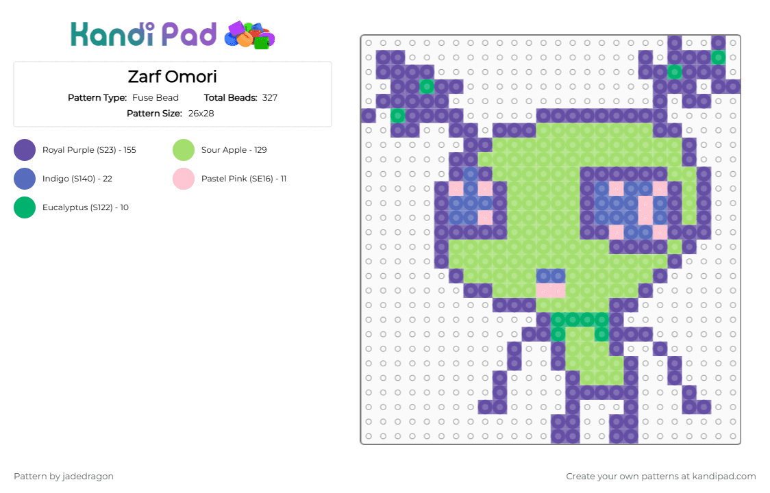 Zarf Omori - Fuse Bead Pattern by jadedragon on Kandi Pad - purple,green,cotdaliens,alien,glorp,gnarp,gleep,omori,headspace,otherworld
