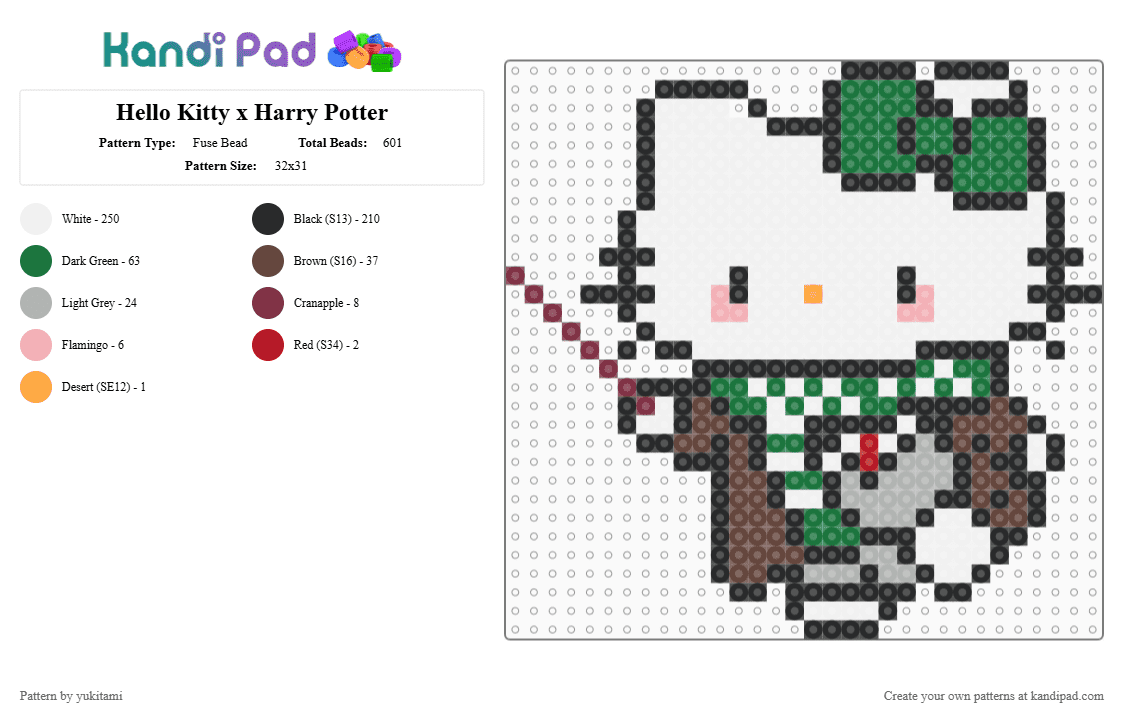 Hello Kitty x Harry Potter - Fuse Bead Pattern by yukitami on Kandi Pad - white,brown,beige,green,slytherin,harry potter,hello kitty