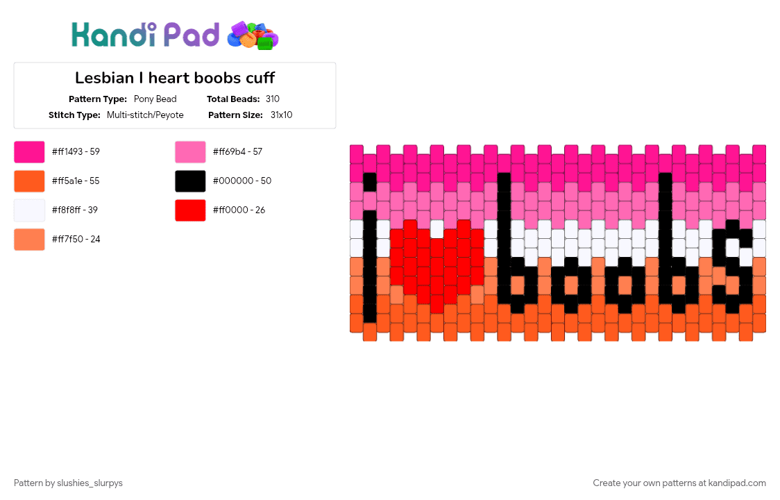 Lesbian I heart boobs cuff - Pony Bead Pattern by slushies_slurpys on Kandi Pad - orange, pink