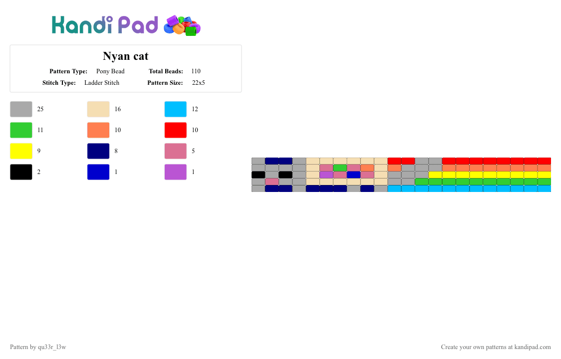 Nyan cat - Pony Bead Pattern by qu33r_l3w on Kandi Pad - beige, cuff, for you, kandi, light blue, nyan cat, popular, pride, scene, trending