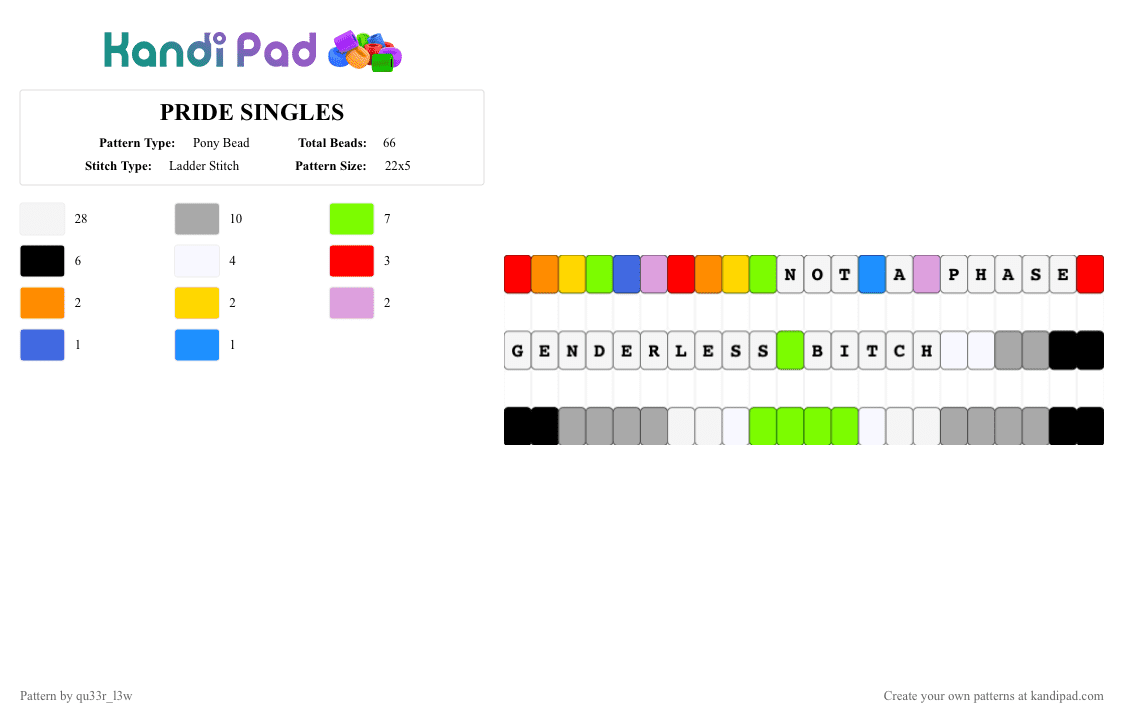 PRIDE SINGLES - Pony Bead Pattern by qu33r_l3w on Kandi Pad - white,green,beige