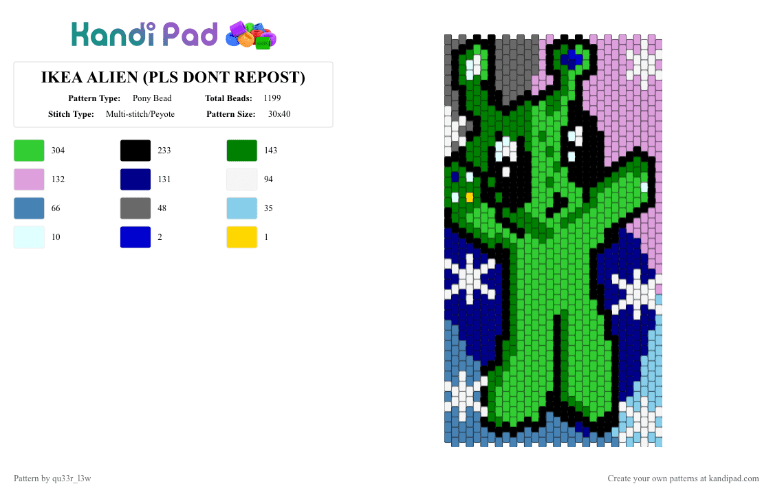 IKEA ALIEN (PLS DONT REPOST) - Pony Bead Pattern by qu33r_l3w on Kandi Pad - alien, cotdaliens, green, ikea, pink, popular, purple, trending, ufo