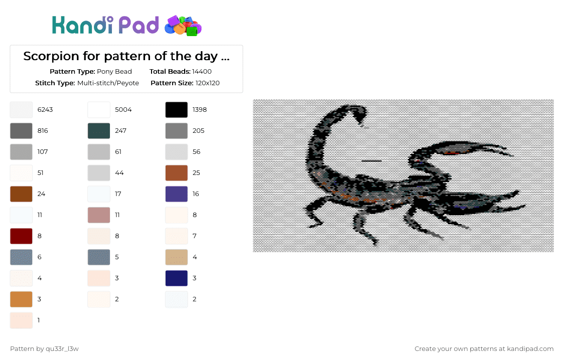 Scorpion for pattern of the day Monday June 29 - Pony Bead Pattern by qu33r_l3w on Kandi Pad - 