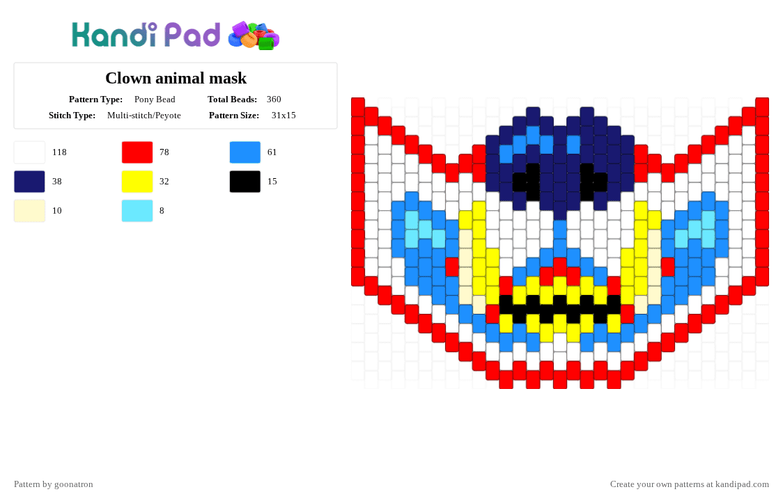 Clown animal mask - Pony Bead Pattern by goonatron on Kandi Pad - red,light blue