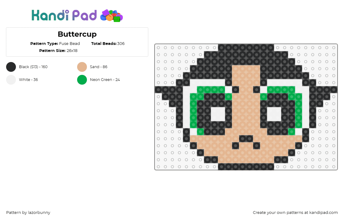 Buttercup - Fuse Bead Pattern by lazorbunny on Kandi Pad - buttercup,powerpuff girls,superhero,cartoon,character,tv show,green,tan,black