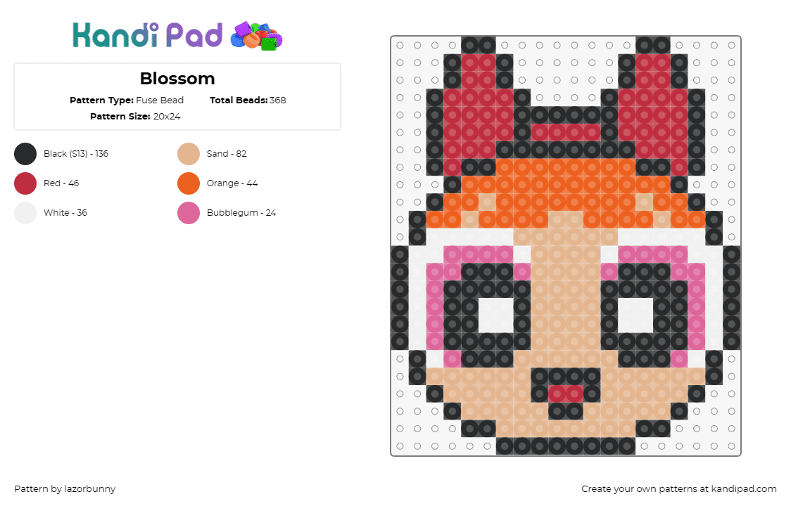 Blossom - Fuse Bead Pattern by lazorbunny on Kandi Pad - blossom,powerpuff girls,hero,cartoon,character,tv show,pink,red,orange,tan