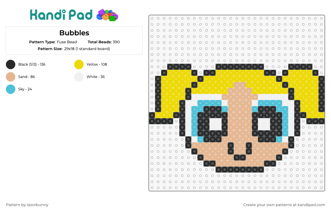 Bubbles - Fuse Bead Pattern by lazorbunny on Kandi Pad - bubbles,powerpuff girls,hero,cartoon,blonde,character,tv show,light blue,tan,yellow