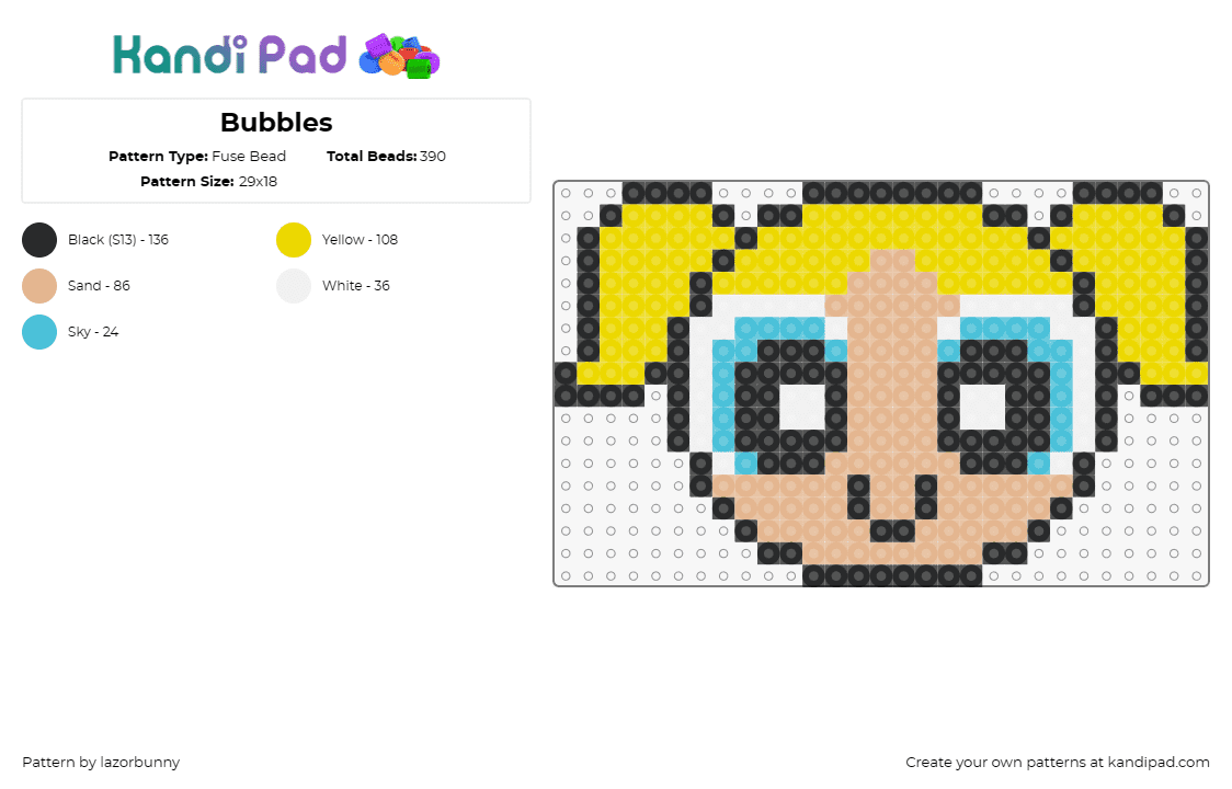 Bubbles - Fuse Bead Pattern by lazorbunny on Kandi Pad - bubbles,powerpuff girls,hero,cartoon,blonde,character,tv show,light blue,tan,yel