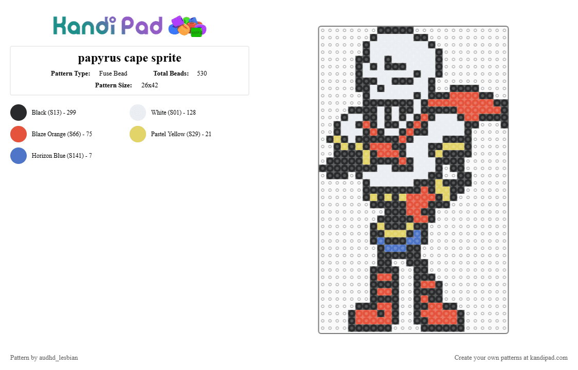 papyrus cape sprite - Fuse Bead Pattern by audhd_lesbian on Kandi Pad - black, cool dude, papyrus, red, skeleton, undertale, white