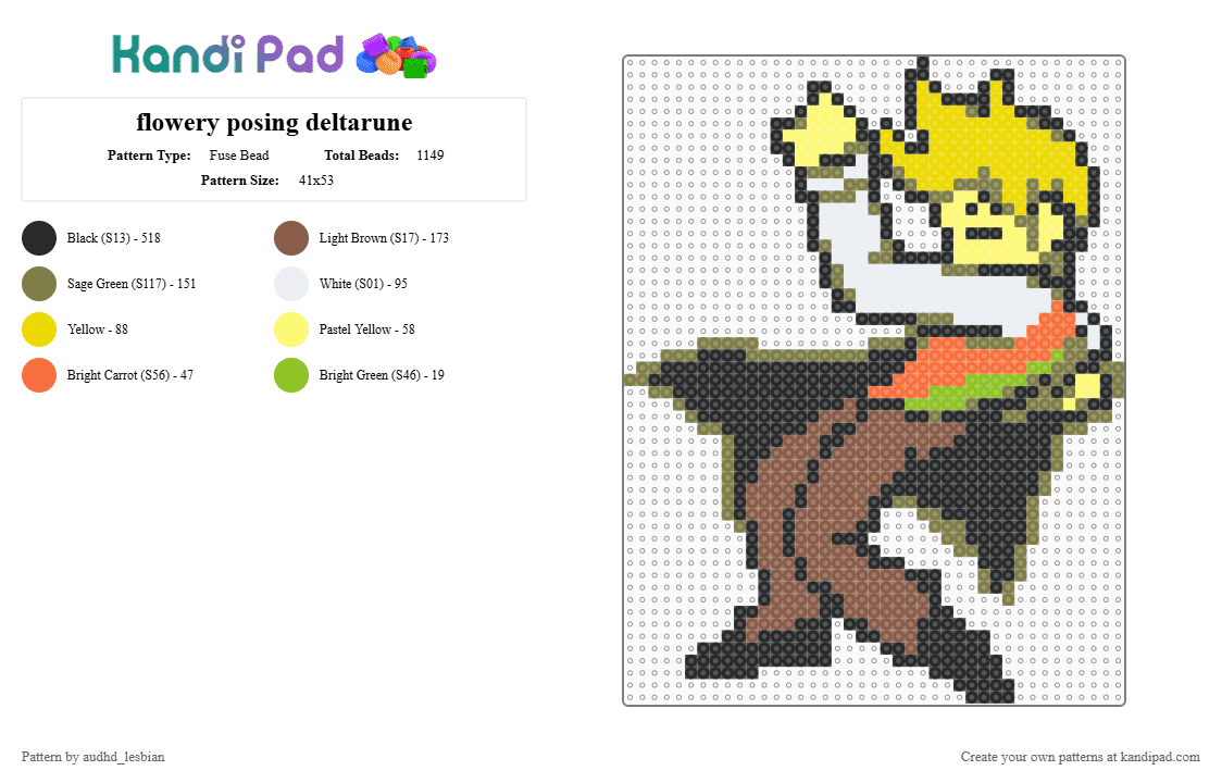 flowery posing deltarune - Fuse Bead Pattern by audhd_lesbian on Kandi Pad - black,tan,gold,yellow,flowery,deltarune,chapter 5,flower