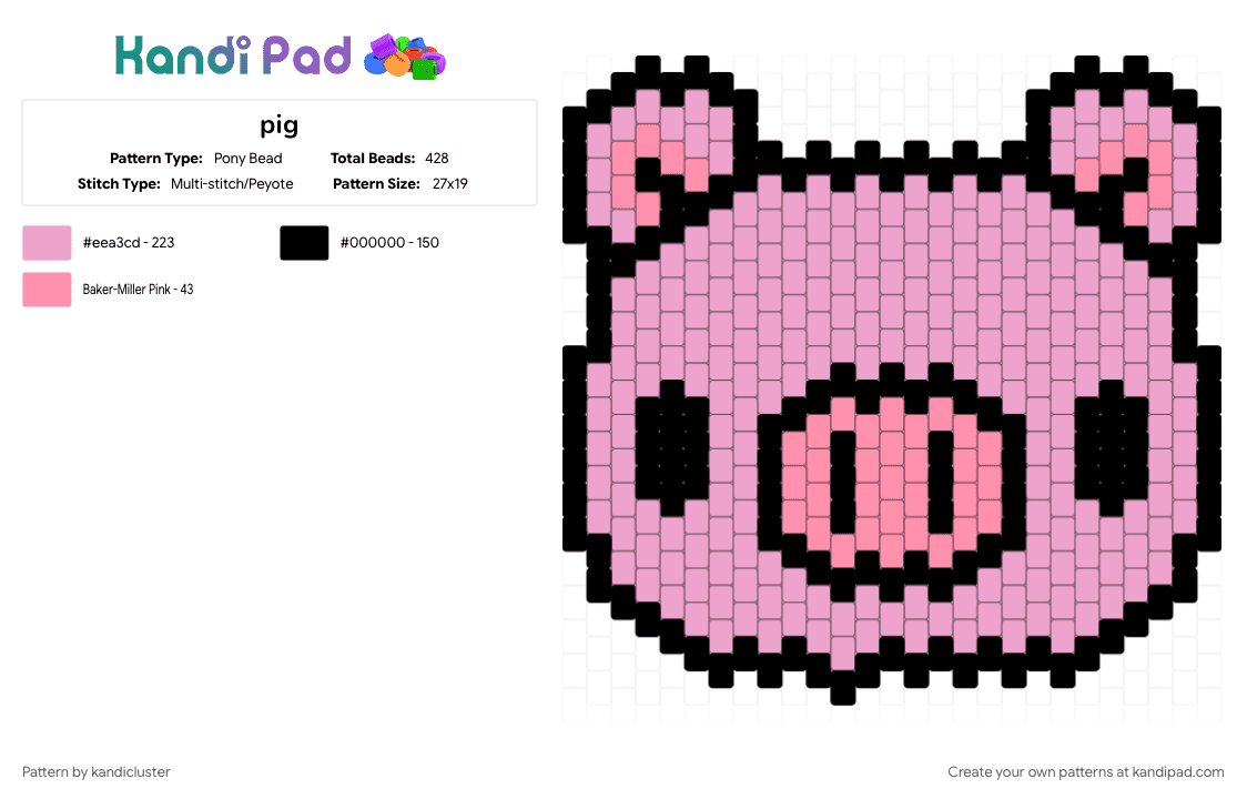 pig - Pony Bead Pattern by kandicluster on Kandi Pad - black, pink