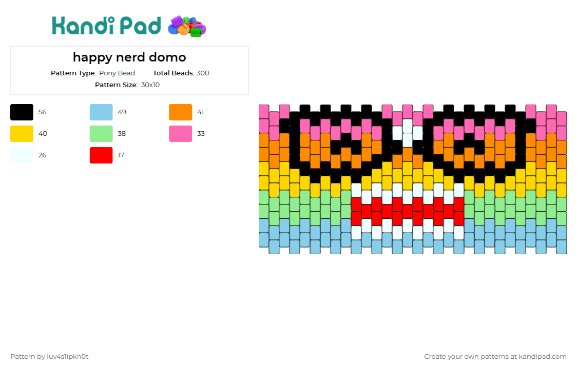 happy nerd domo - Pony Bead Pattern by luv4s1ipkn0t on Kandi Pad - domo,nerd,glasses,pastel,colorful,rainbow,face,teeth,cuff,red