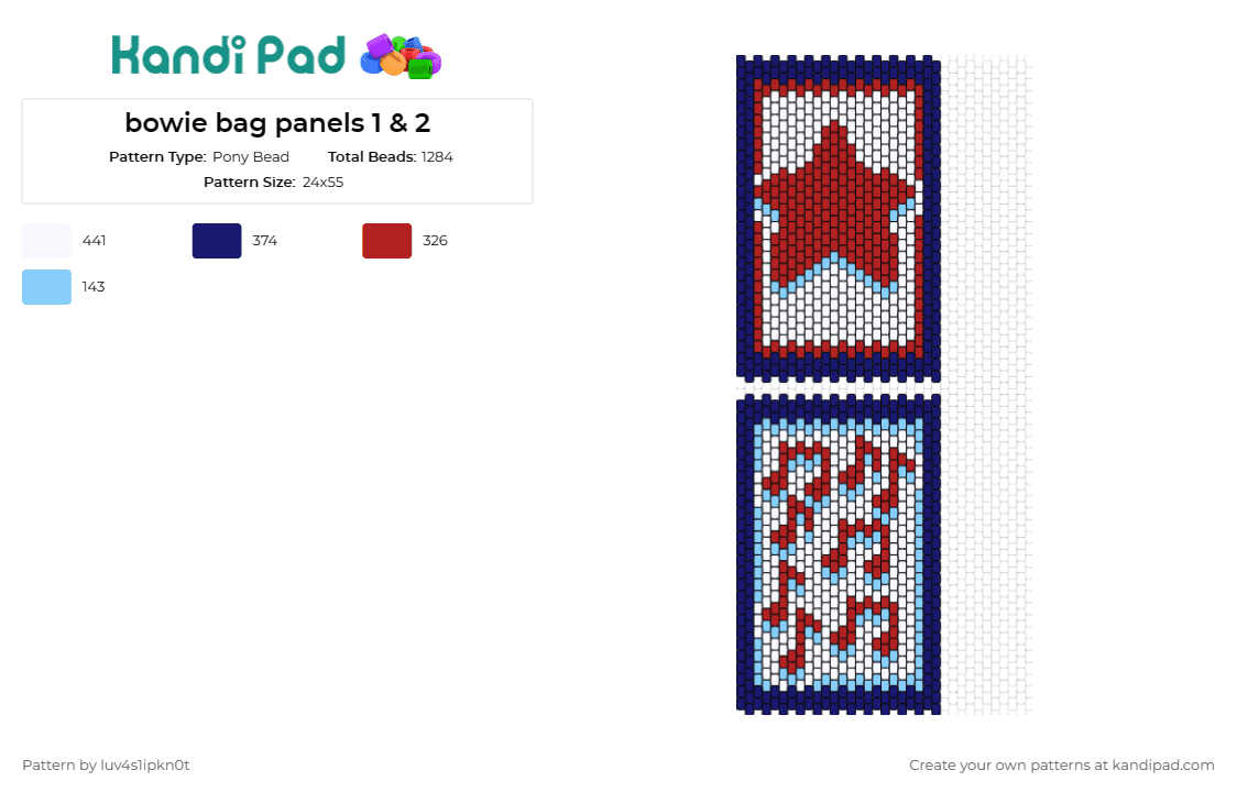 bowie bag panels 1 & 2 - Pony Bead Pattern by luv4s1ipkn0t on Kandi Pad - david bowie,star,music,notes,bag,panel,red,blue,white