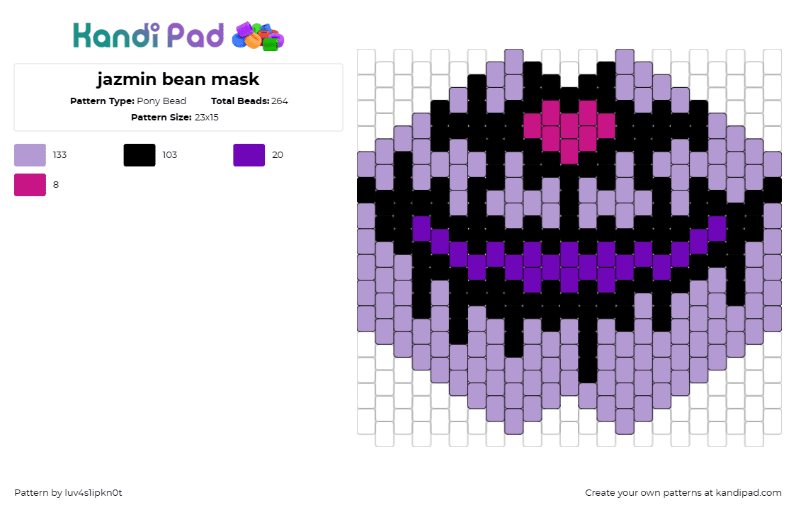 jazmin bean mask - Pony Bead Pattern by luv4s1ipkn0t on Kandi Pad - jazmin bean,mask,clown,music,makeup,purple,face