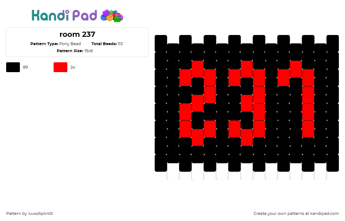 room 237 - Pony Bead Pattern by luv4s1ipkn0t on Kandi Pad - 237,shining,horror,movie,hotel,text,numbers,red,black