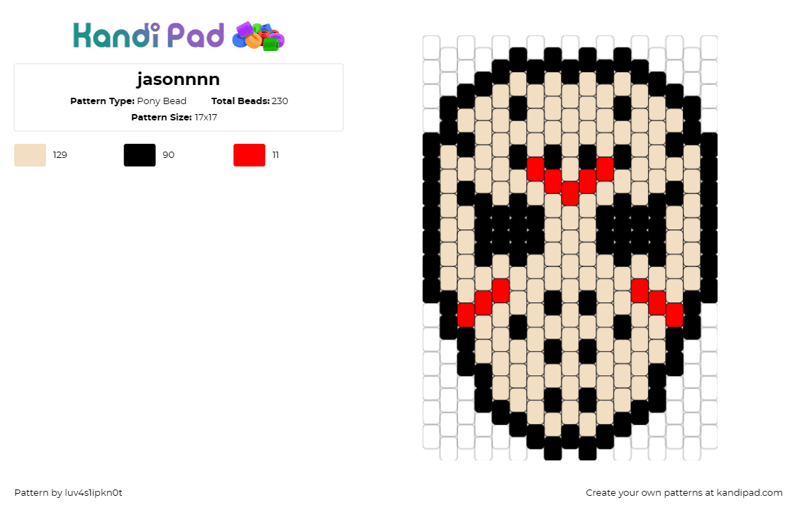 jasonnnn - Pony Bead Pattern by luv4s1ipkn0t on Kandi Pad - jason,friday the 13th,horror,halloween,scary,movie,classic,mask,hockey,beige,red