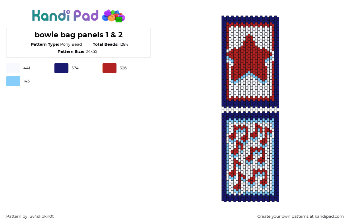 bowie bag panels 1 & 2 - Pony Bead Pattern by luv4s1ipkn0t on Kandi Pad - david bowie,star,music,notes,bag,panel,red,blue,white