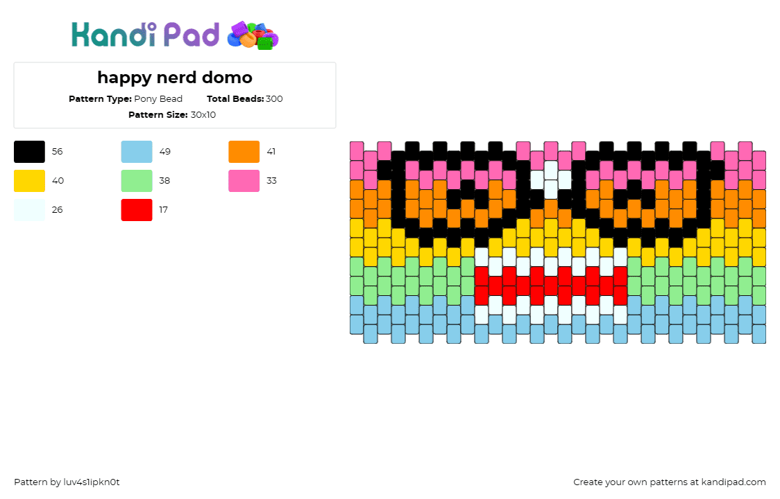 happy nerd domo - Pony Bead Pattern by luv4s1ipkn0t on Kandi Pad - domo,nerd,glasses,pastel,colorful,rainbow,face,teeth,cuff,red