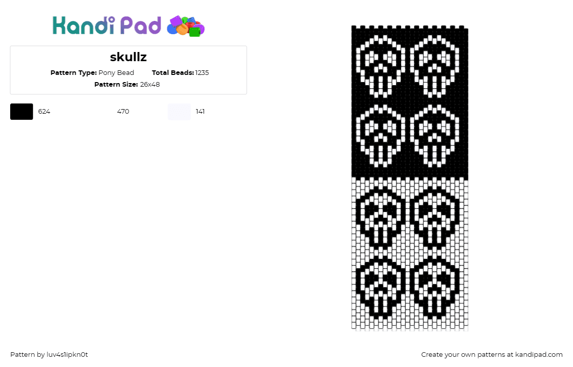 skullz - Pony Bead Pattern by luv4s1ipkn0t on Kandi Pad - skulls,repeating,spooky,halloween,skeleton,simple,black,white,domino