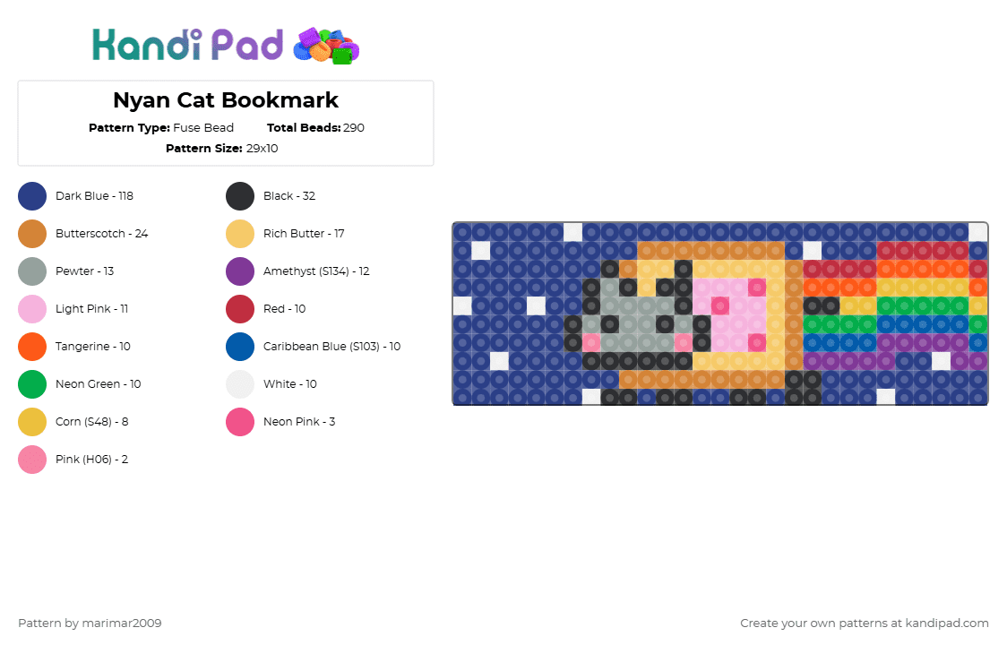 Nyan Cat Bookmark - Fuse Bead Pattern by marifarts on Kandi Pad - orange,blue