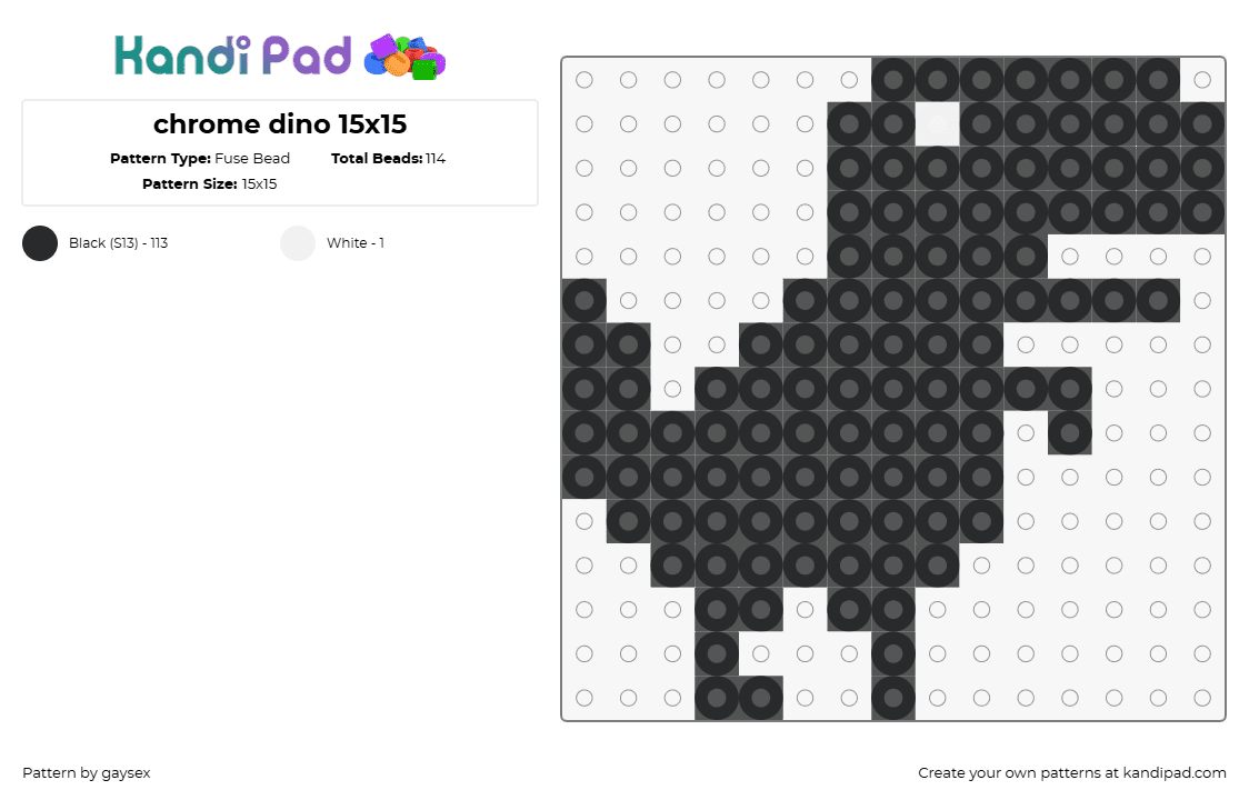 chrome dino 15x15 - Fuse Bead Pattern by gaysex on Kandi Pad - dinosaur,chrome,google,silhouette,gaming,internet,computer,black