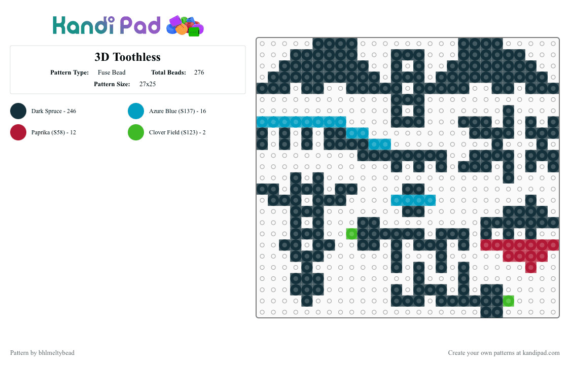 3D Toothless Fuse Bead Pattern - Kandi Pad | Kandi Patterns, Fuse Bead ...