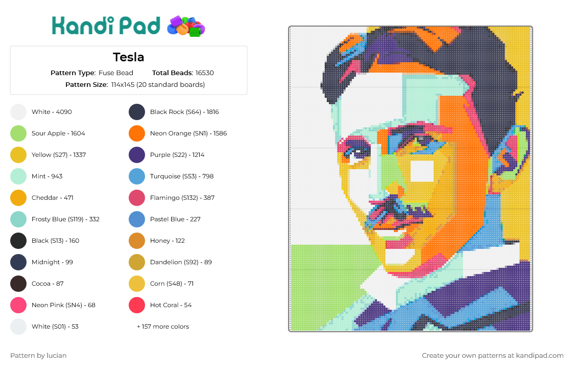 Tesla - Fuse Bead Pattern by lucian on Kandi Pad - nikola tesla,portrait,abstract,colorful,orange,blue