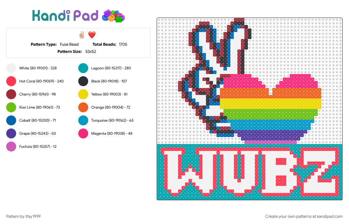 ✌🏼 ❤️ - Fuse Bead Pattern by tfay1999 on Kandi Pad - hand, love, lsdream, peace, peace love and wubz, red, symbol, teal, wubz
