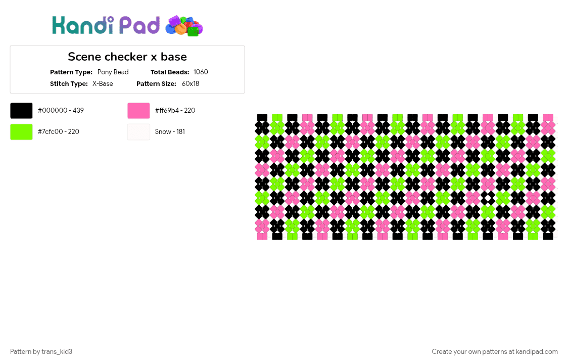 Scene checker x base - Pony Bead Pattern by trans_kid3 on Kandi Pad - bracelet, colorful, green, pink, scene