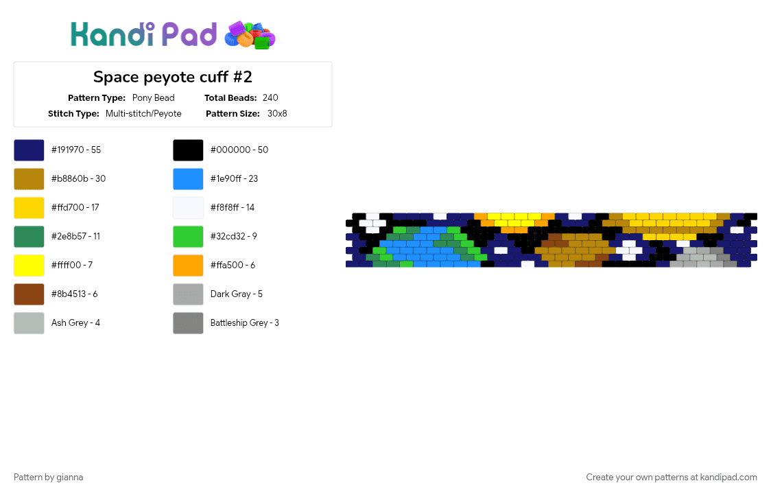 Space peyote cuff #2 - Pony Bead Pattern by gianna on Kandi Pad - colorful, gold, light blue