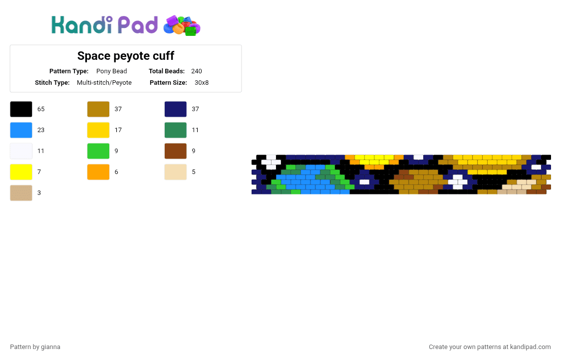 Space peyote cuff - Pony Bead Pattern by gianna on Kandi Pad - light blue,gold,colorful