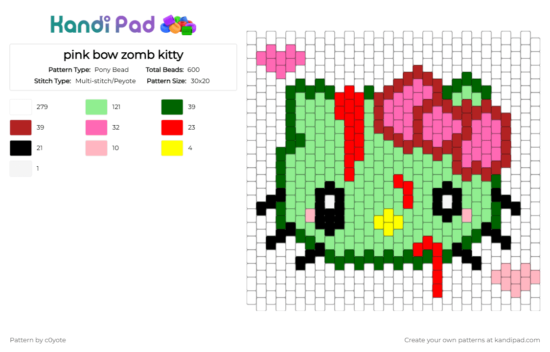 pink bow zomb kitty - Pony Bead Pattern by c0yote on Kandi Pad - white,teal,red,zombie