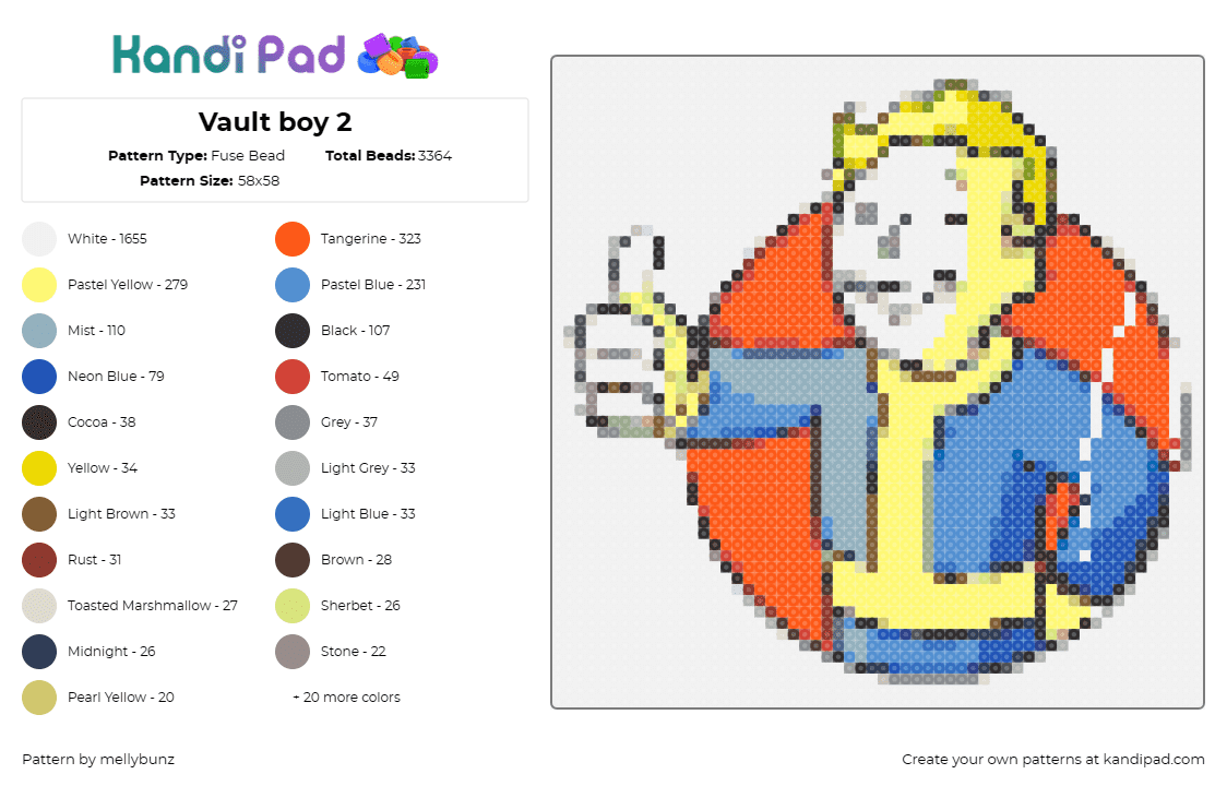 Vault boy 2 - Fuse Bead Pattern by mellybunz on Kandi Pad - vault boy,fallout,thumb,video game,tv show,blonde,blue,yellow,orange