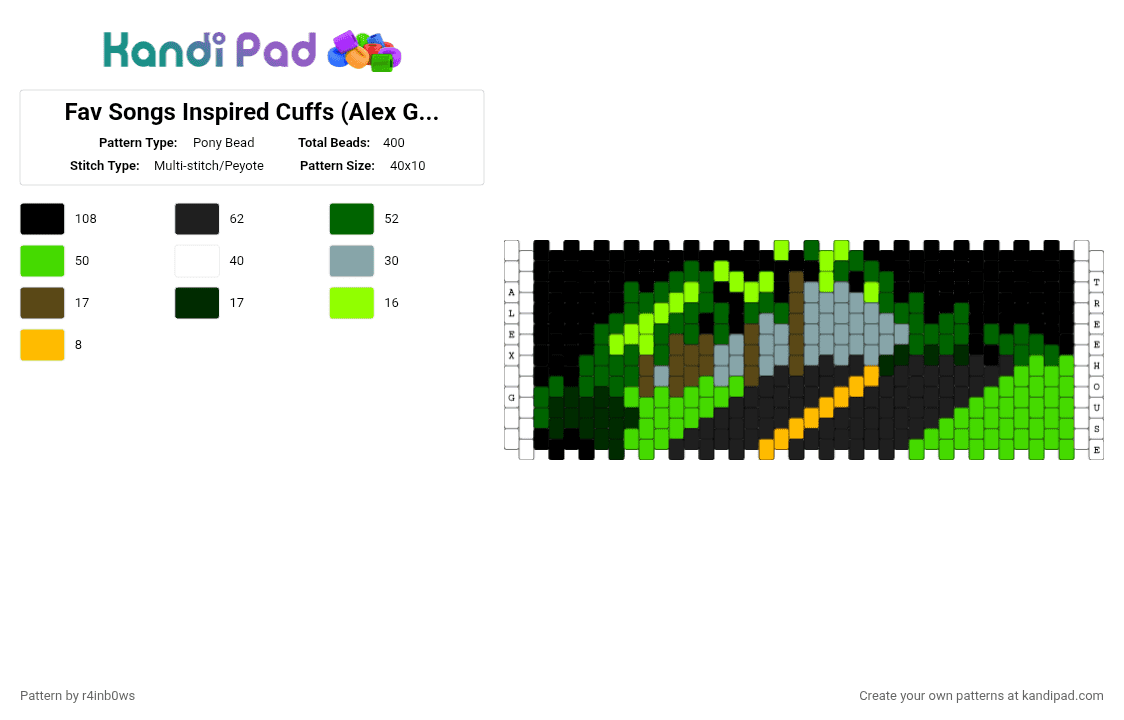 Fav Songs Inspired Cuffs (Alex G - Treehouse) - Pony Bead Pattern by r4inb0ws on Kandi Pad - black, green