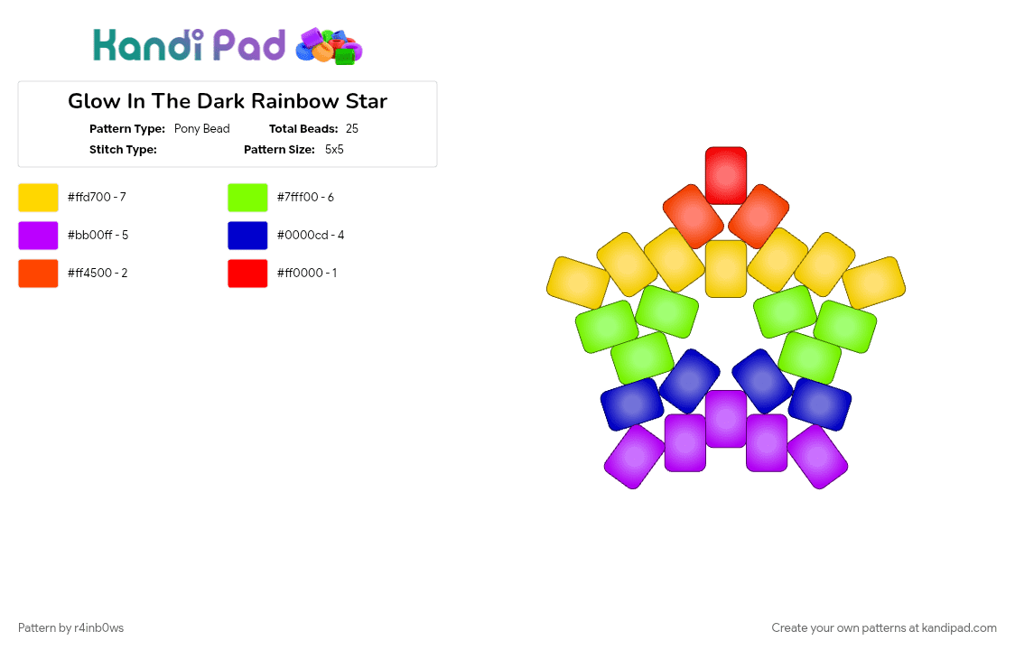 Glow In The Dark Rainbow Star - Pony Bead Pattern by r4inb0ws on Kandi Pad - green, purple, yellow