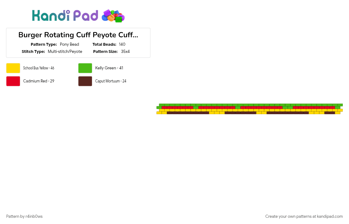 Burger Rotating Cuff Peyote Cuff Part - Pony Bead Pattern by r4inb0ws on Kandi Pad - green, yellow