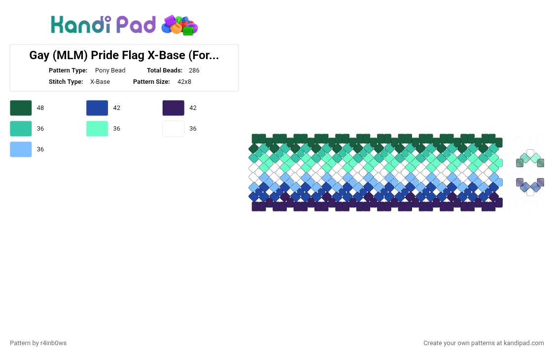 Gay (MLM) Pride Flag X-Base (For Rotater Cuff) - Pony Bead Pattern by r4inb0ws on Kandi Pad - gray,teal