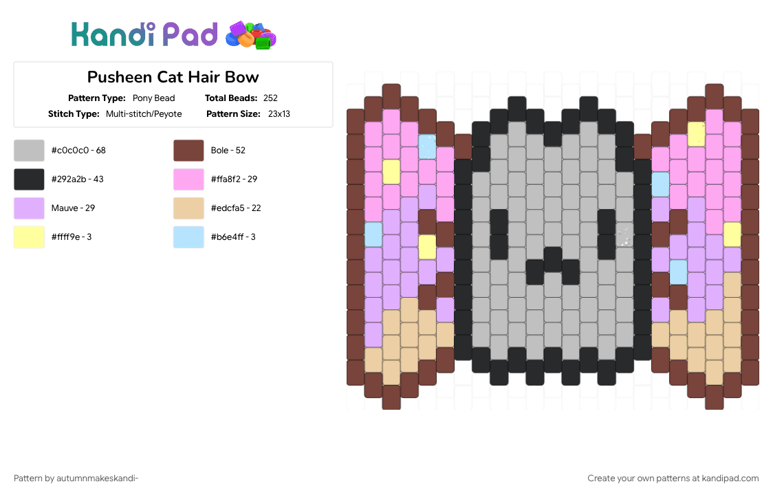 Pusheen Cat Hair Bow - Pony Bead Pattern by autumnmakeskandi- on Kandi Pad - beige, bow, brown, cat, cute, hairbow, kawaii, kitty, pastel, pink, pusheen