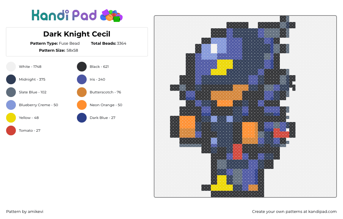 Dark Knight Cecil - Fuse Bead Pattern by amikevi on Kandi Pad - cecil harvey,final fantasy,knight,character,video game,blue