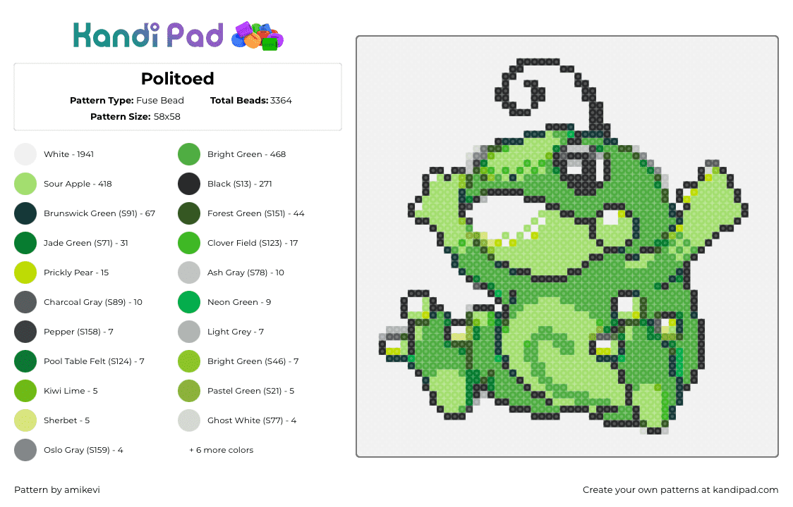 Politoed - Fuse Bead Pattern by amikevi on Kandi Pad - politoed,pokemon,frog,character,gaming,green