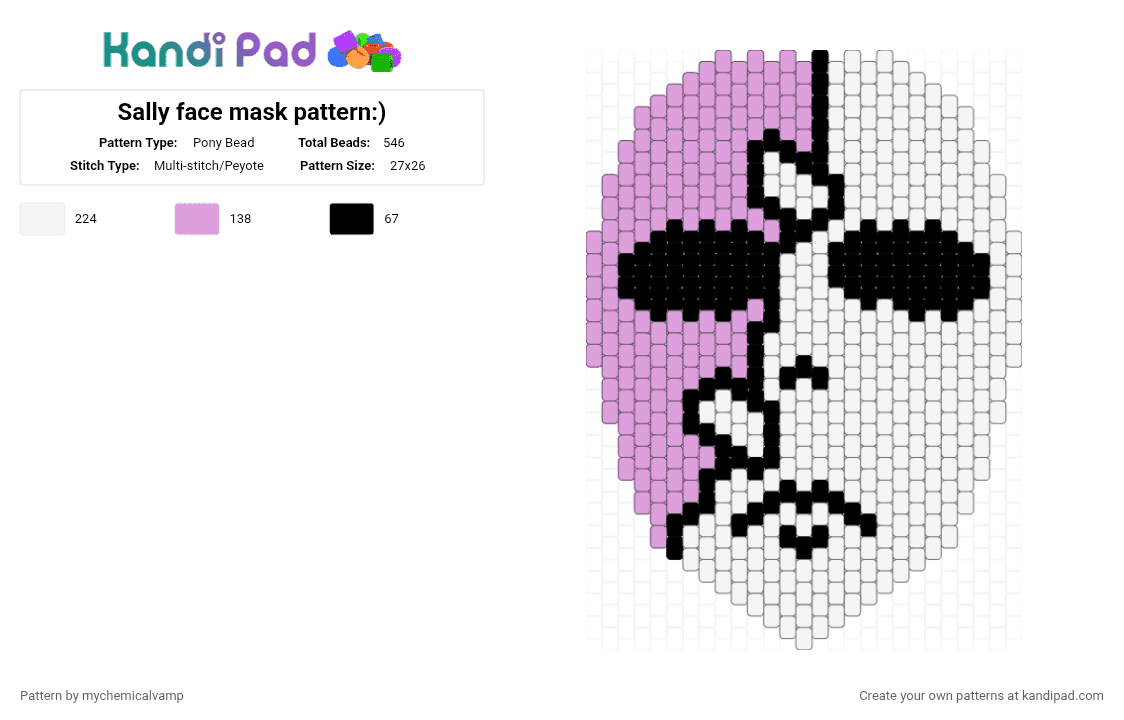 Sally face mask pattern:) - Pony Bead Pattern by mychemicalvamp on Kandi Pad - pink, white