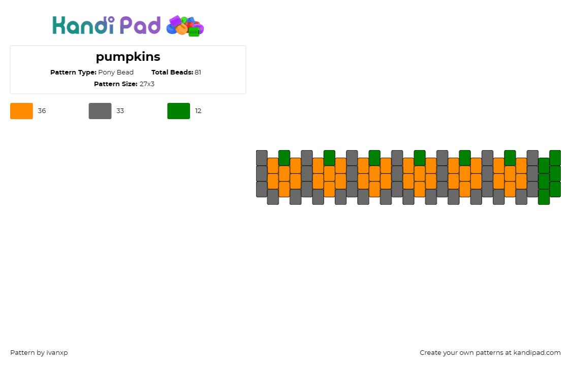 pumpkins - Pony Bead Pattern by ivanxp on Kandi Pad - pumpkins,halloween,bracelet,cuff,repeating,orange,green