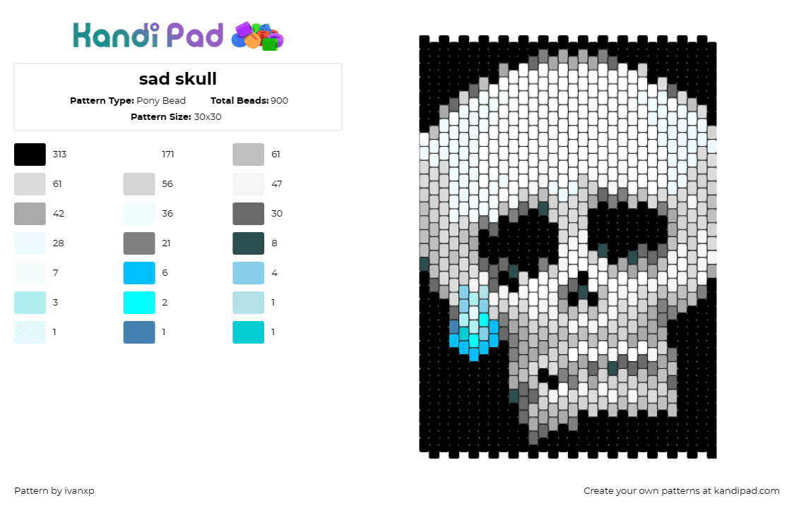 sad skull - Pony Bead Pattern by ivanxp on Kandi Pad - skull,cry,sad,tear drop,frown,panel,spooky,halloween,white,black