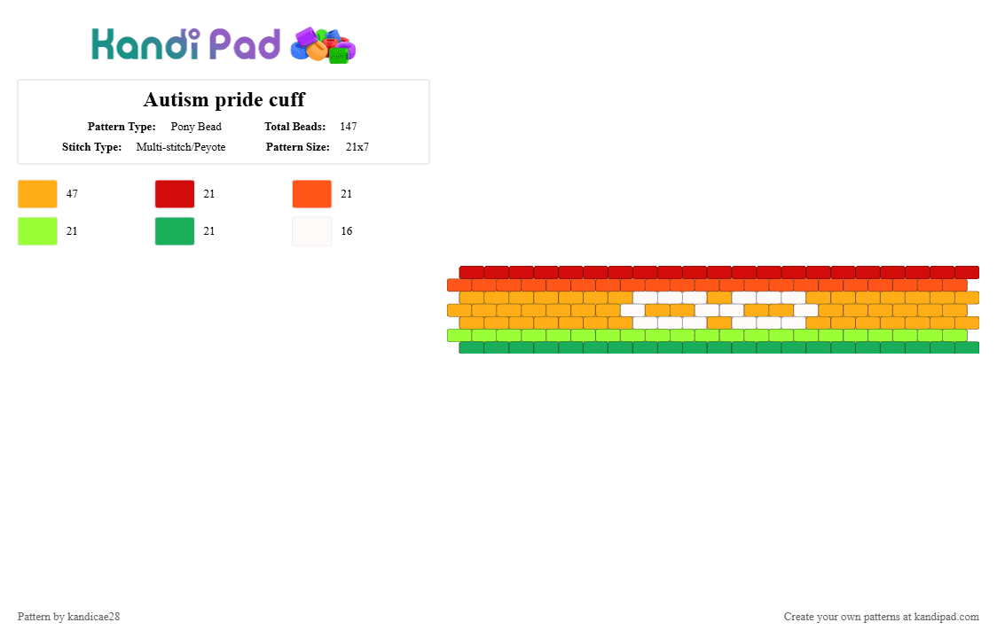 Autism pride cuff - Pony Bead Pattern by kandicae28 on Kandi Pad - autism, disability, disabled, green, kandi cuff, mental health, mental health awareness, orange, peyote stitch, pride