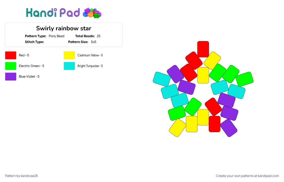 Swirly rainbow star - Pony Bead Pattern by kandicae28 on Kandi Pad - colorful, kandi star, light blue, rainbow, swirl star, yellow
