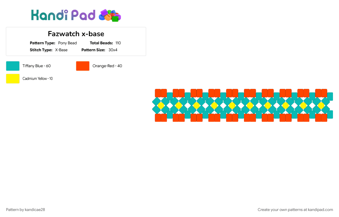 Fazwatch x-base - Pony Bead Pattern by kandicae28 on Kandi Pad - fazwatch, five nights at freddys, fnaf, fnaf security breach, freddy fazbear, glamrock freddy, red, security breach, teal, video game