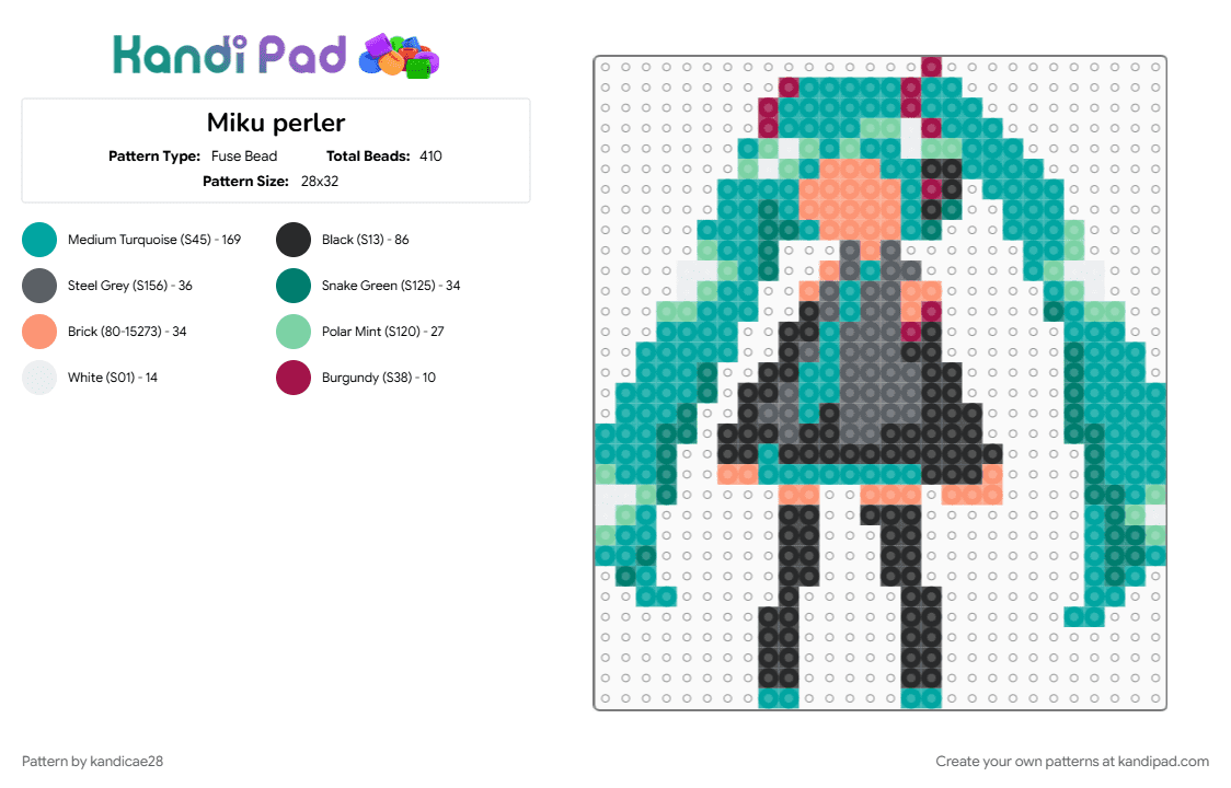 Miku perler - Fuse Bead Pattern by kandicae28 on Kandi Pad - hatsune miku, miku, miku miku oo ee oo, music, perler, teal, vocaloid