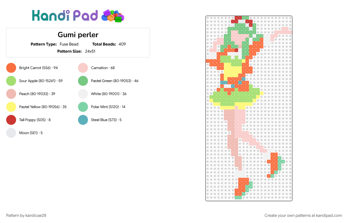 Gumi perler - Fuse Bead Pattern by kandicae28 on Kandi Pad - beige, green, gumi, megpoid, megpoid gumi, orange, perler, teal, vocaloid